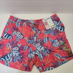 Caribbean Joe Womens Pink/Blue Tropical Resort Pull On Rayon Beach Shorts L
